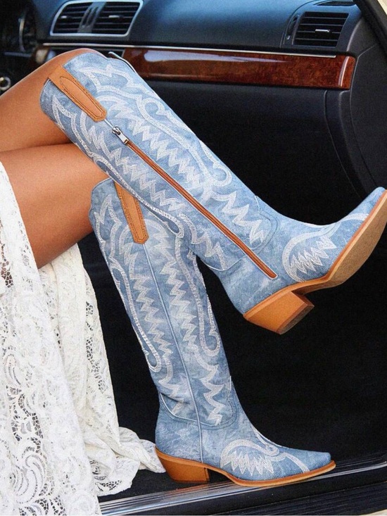 Shoes - Light Blue Embroidered Knee-High Western Boots